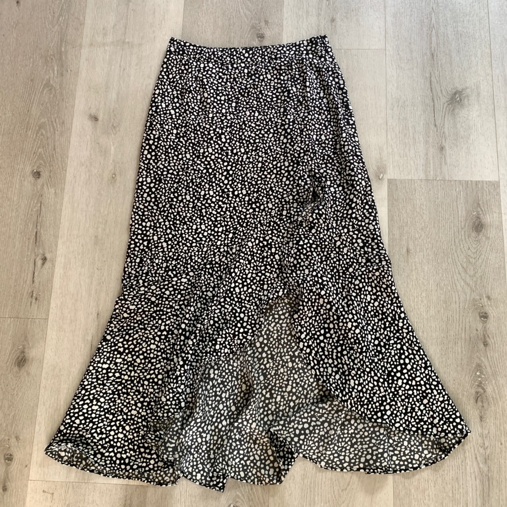 Lulus Black White Animal Print High Low Ruffle Midi Skirt Womens Small Dalmatian